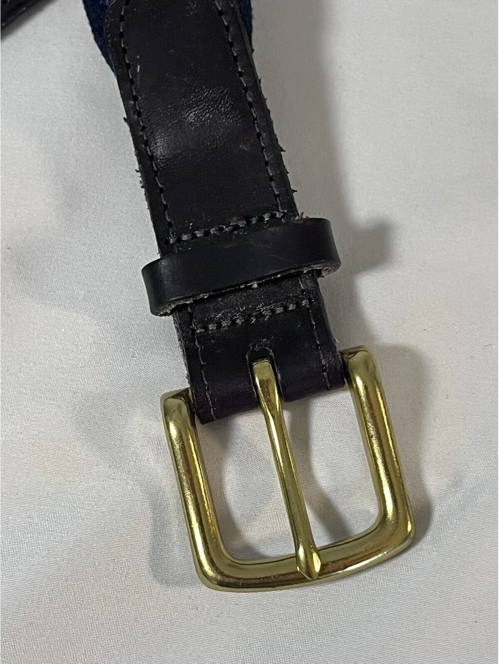 Vineyard Vines Blue White Striped Ribbon Belt with Leather Trim and Brass Buckle